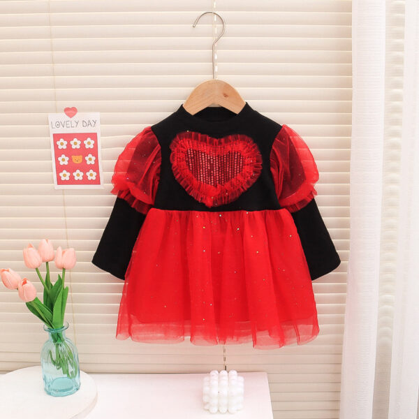 Golden Heart Tulle Party Dress for Baby Girls (Red)