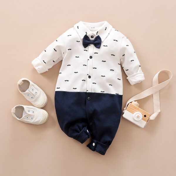 Baby Boy Beard Print Bow Tie Spliced Jumpsuit